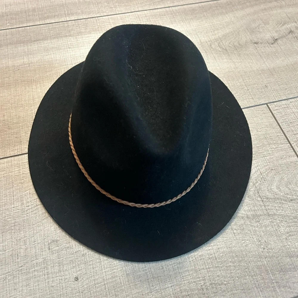Chico's Black Wool Felt Fedora Hat with Braided Trim – Wide Brim Rancher One Sze